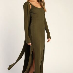 Lulus Layer Lover Olive Ribbed Knit Two-piece Dress & Cardigan Set Green